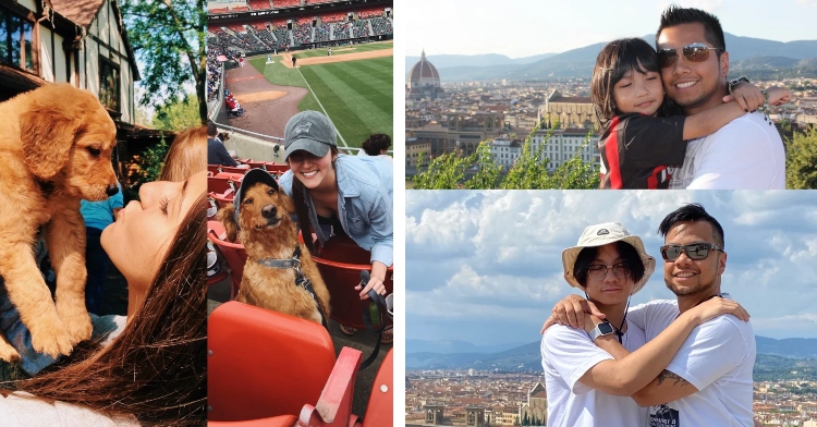 two collages with two photos each. the first photo in the first collage shows a woman making a kissy face at the small puppy she's holding in the air. the second photo is of that same woman, eight years later, posing in a baseball stadium with that same dog. they're wearing matching gray baseball caps. the first photo in the second collage is of a man smiling as he holds his little boy in his arms. behind them is a scenic view of florence, italy. the second photo is of the same man with his little boy who is now 10 years later. they're recreating the pose from before and are in the same location in florence.