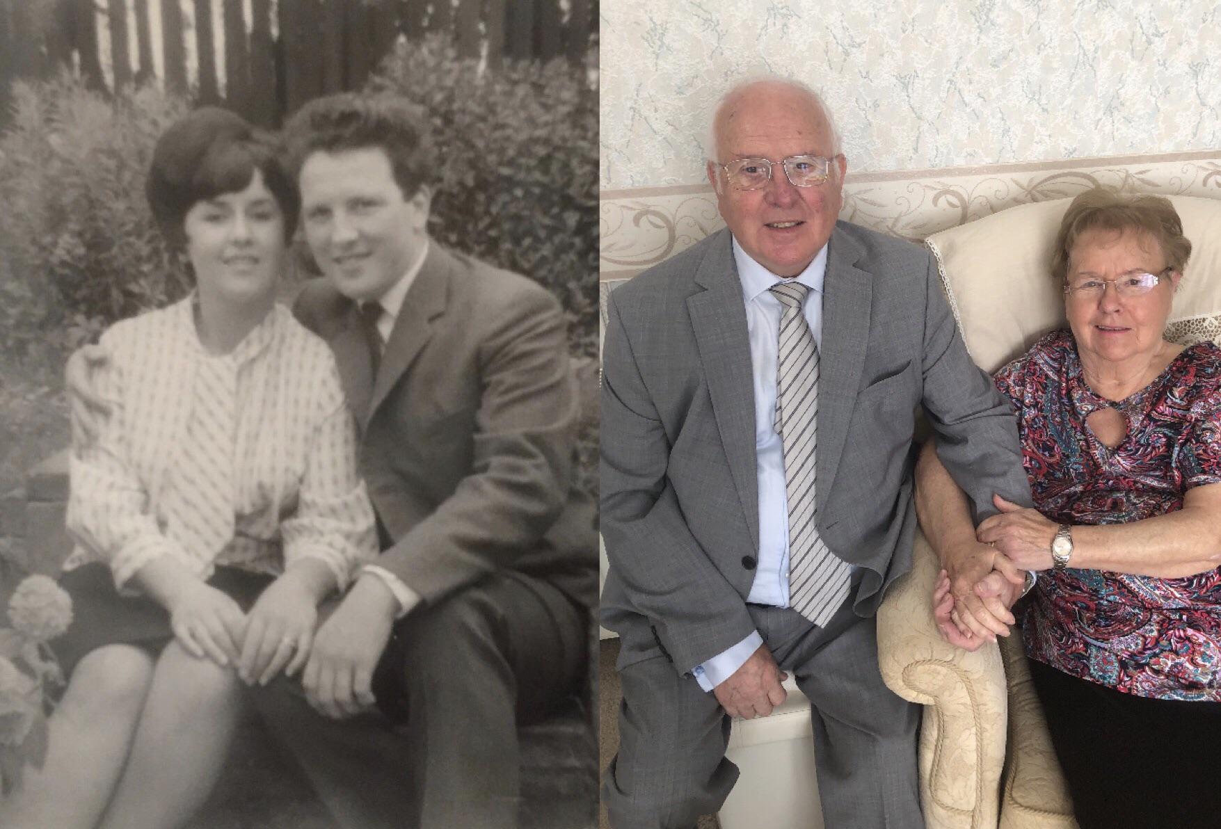 two-photo collage. the first is a black and white photo of a woman and a man in the 1960s who are newly married. they are sitting outside. the second is of that same man and woman, 60 years later in 2020. they are holding hands and sitting inside.