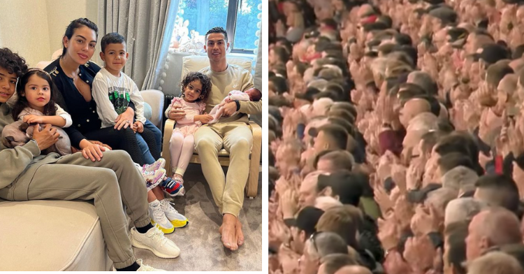 two-photo collage. on the left there is a picture of cristiano ronaldo and his family including his newborn girl. on the right there is a picture of ronaldo's fans clapping to pay him tribute due to the loss of his newborn son.