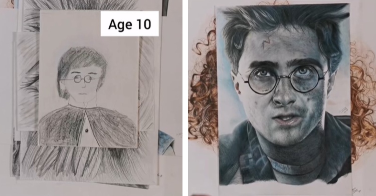 a two photo collage. the first is of a drawing of harry potter by portrait artist simone mulas when he was 10-years-old. the second is different drawing of harry potter by the same artist when he was 26-years-old. this one is much more detailed.