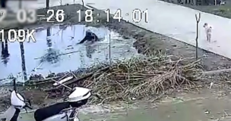 screenshot from footage of a 73-year-old man rescuing a drowning 1-year-old. in the distance the man is in 2-meter-deep water and is heading toward the baby.
