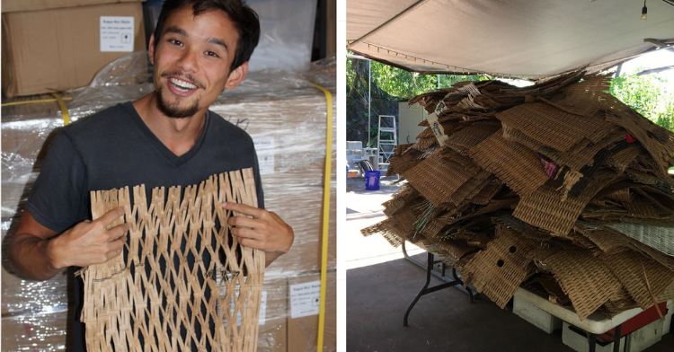 two-photo collage. evan is on the left holding a cardboard mat and the picture on the right shows a pile of cardboard mats.