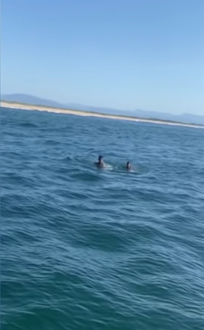 two 16-year-old girls floating in the  monterey bay at a distance.