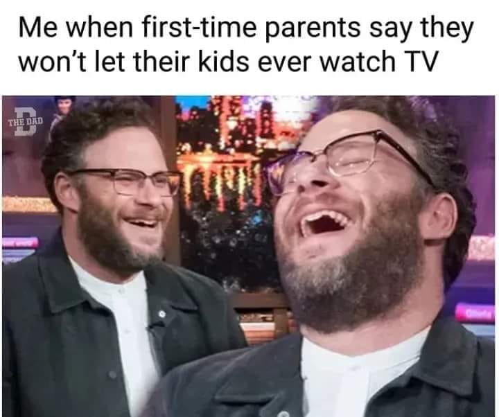 a seth rogen meme where he's laughing. it reads "me when first-time parents say they won't let their kids ever watch tv."