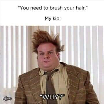 chris farley meme where his hair is sticking up in the air and someone is asking "why?" the image is captioned with "'you need to brush your hair.' my kid:"