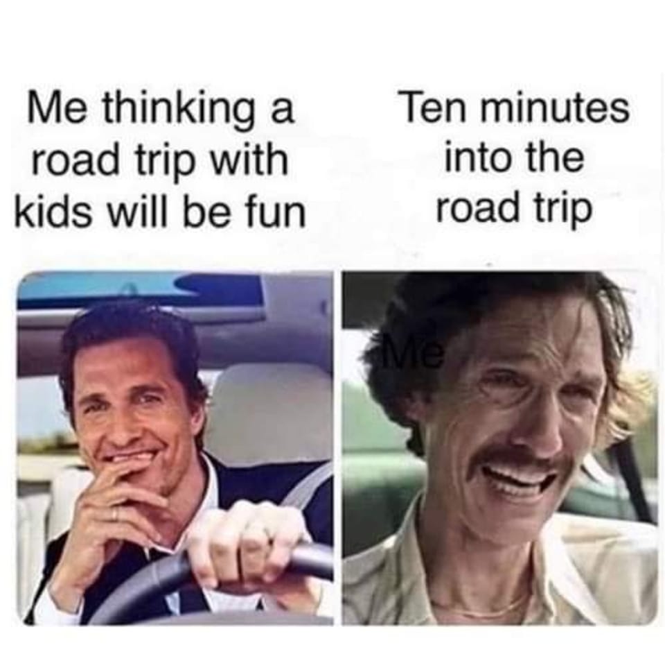 matthew mcConaughey meme where in one photo, he's smiling while driving and in the other he is crying while driving. the smiling photo is captioned "me thinking a road trip with kids will be fun." the crying photo is captioned "ten minutes into the road trip."