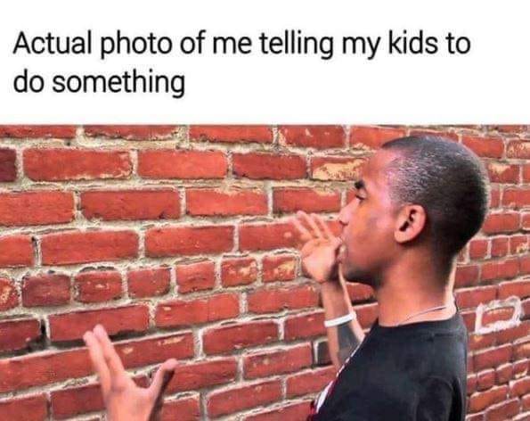 man talking to brick wall that's captioned "actual photo of me telling my kids to do something."