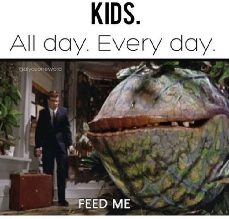 little shop of horrors meme. audrey is cautiously standing nearby seymore who is saying "feed me." the image is captioned with "kids. all day. every day."