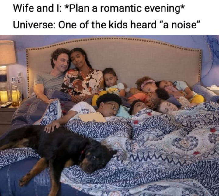 screenshot of the movie "cheaper by the dozen" (2022). mom and dad are laying in bed with all of their kids and the dog. the photo includes a caption. "wife and I: *plan a romantic evening* Universe: one of the kids heard a 'noise.'"