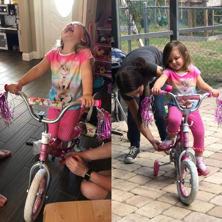two photo collage of a little girl, fiona on her first bike that was a birthday gift from a publix worker named gilnet. the first shows her screaming as she sits ont he bike inside her home. the second shows her mom helping fiona get her feet into the straps on the pedals as she sits on the bike outside