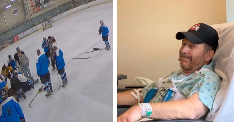 two photos side by side. one is of security camera footage of various hockey players standing around a sylvania tamoshanter hockey player, bruce tronolone, who is laying on the ice as he suffers from cardiac arrest. the other is of bruce tronolone, player on the sylvania tamoshanter hockey team, smiling from a hospital bed after suffering from cardiac arrest during a hockey game.