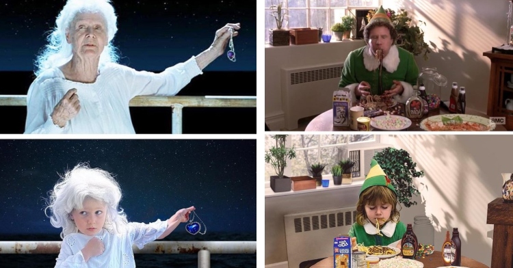 set of collages with two photos each. in the first is a screenshot from the film “titanic” where elderly rose is holding the heart of the ocean necklace over the railing of a ship. below this is a photo of 5-year-old matilda zane recreating this “titanic” scene. in the second collage is a screenshot from the movie “elf” where buddy is sitting at a dining table and is stuffing his face with spaghetti. below this is a photo of 5-year-old matilda recreating this “elf” scene.
