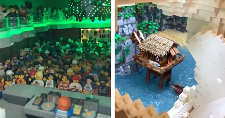 a two photo collage. in the first is a closeup of the inside of a lego wall created by dante dentoni. the small space is filled with lego people who are in a club. there is a lego dj and the lighting is green. the second shows a small hut that is elevated in the middle of light blue water. the leggo walls that cover it are white.
