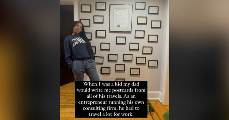 screenshot of an instagram post by lauren rosa miller. in the photo, lauren is posing next to a wall full of framed postcards her later father wrote her as a child. the photo is captioned with the words “when I was a kid my dad would write me postcards from all of his travels. as an entrepreneur running his own consulting firm, he had to travel a lot for work.”