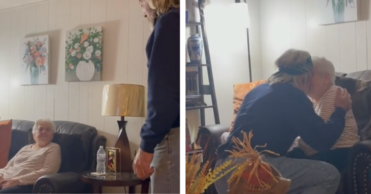 a two-photo collage. the first is of a man standing near a couch looking down at a 90-year-old woman who is sitting. the second is of that man kneeling on the floor to hug the woman.