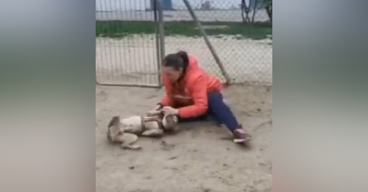 a woman wearing a bright jacket is sitting on the dirt outside. she is petting her dog who is happily laying on his back as she pets him.