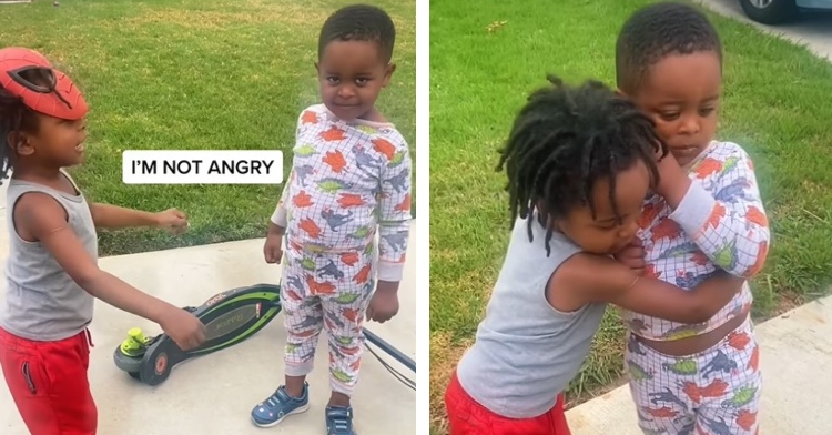 a two-photo collage. the first is of a 3-year-old talking to his little cousin who is smiling. the photo is captioned with the 3-year-old saying “I’m not angry.” the second is of those same little boys hugging.