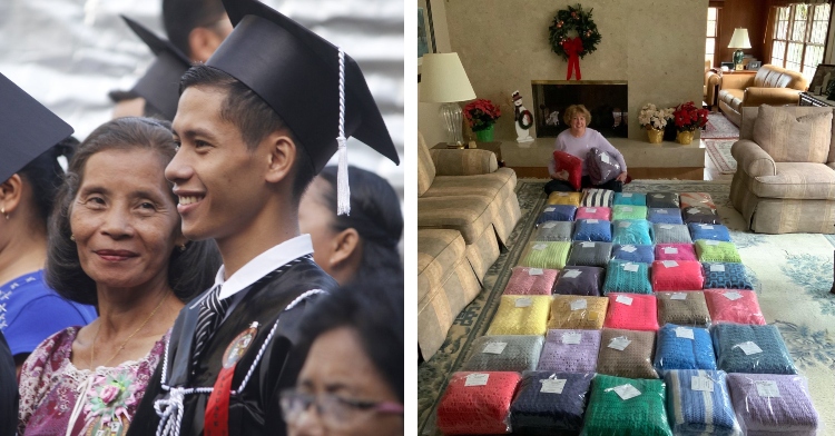 a two-photo collage. the first is of a young man wearing a graduation cap and gown. he’s smiling as he looks forward. standing next to him is his mom who is smiling as she looks up at him. the second is of a mom posing with the 42 blankets that she made and has wrapped up in plastic and is laid out in front of her in the living room.