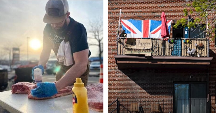 Two-photo collage. On the left, there is Eli making bbq on his balcony. on the right there is a picture of Eli's balcony view from the street.