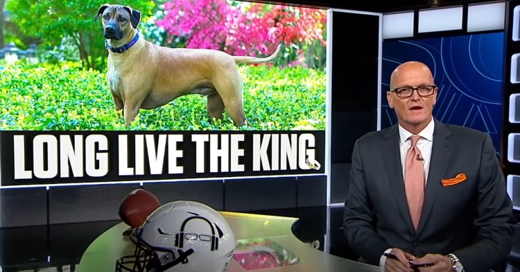 scott van pelt of espn doing a segment on his late dog otis. the screen behind him shows a picture of otis with the words "long live the king."