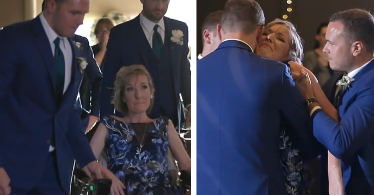 a two-photo collage, the first is of two men walking next to kathy poirier in her wheelchair. the second is of kathy dancing with her son, zak poirier, with the help of two of her other sons.