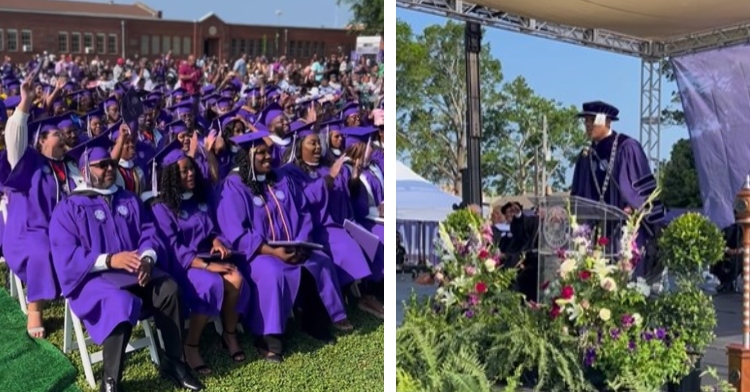 a two-photo collage. the first is of the 2022 graduating class of wiley college cheering and smiling on graduation day as they sit in their chairs. the second is of herman j. felton speaking at a podium on graduation day.