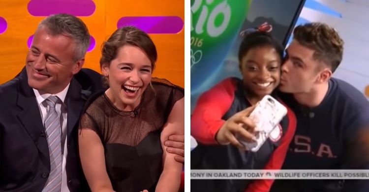 a two-photo collage. the first is of matt leblanc smiling with his arm around emilia clarke who is smiling wide. the second is of simone biles taking a selfie with zac efron as he kisses her cheek.