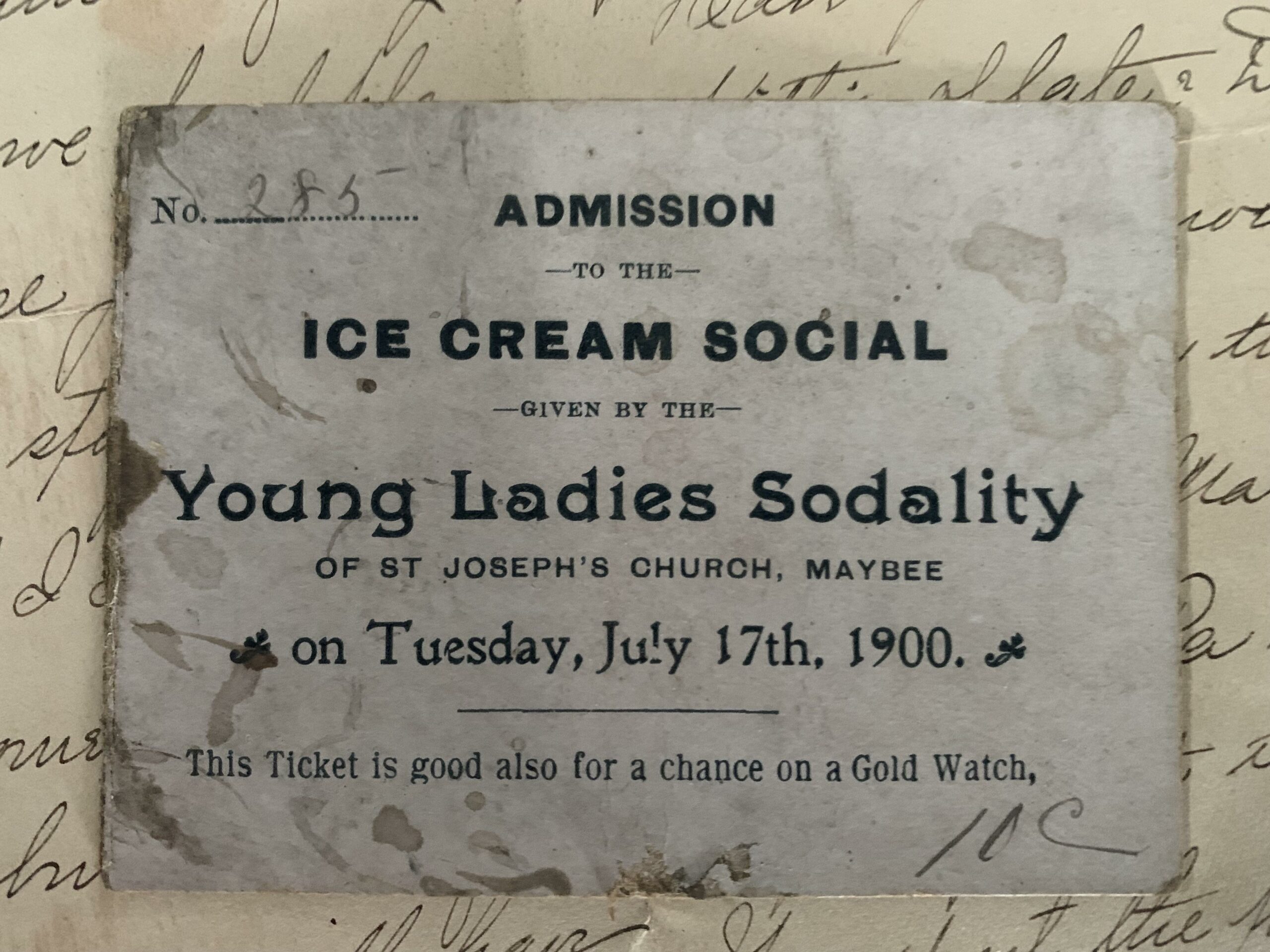 a ticket to the Young Ladies Sodality Ice Cream Social in July 1900