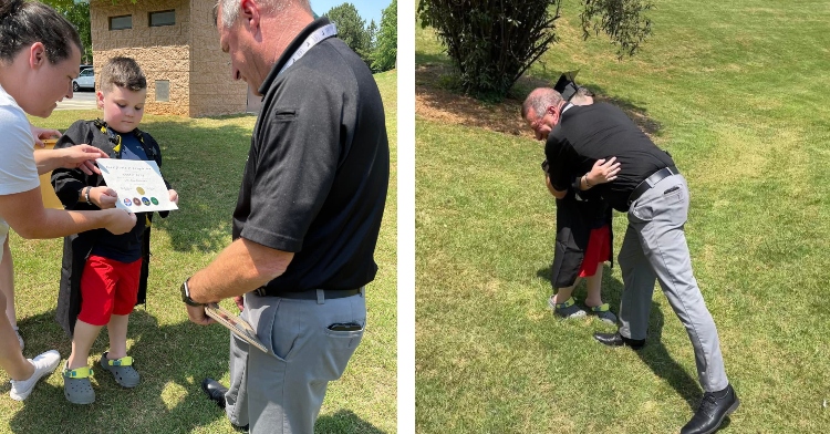 two-photo collage. on the left there is a picture of hunter showing detective duncan his diploma, and on the right picture there is a picture of Detective duncan and hunter hugging.