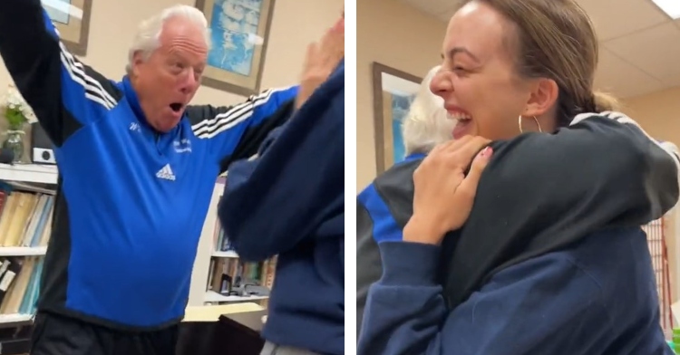 a two-photo collage. the first is of a man named craig. he is holding his arms in the air as he screams with excitement. the second is of a woman named talia suskauer smiling wide with her eyes closed as she hugs craig.
