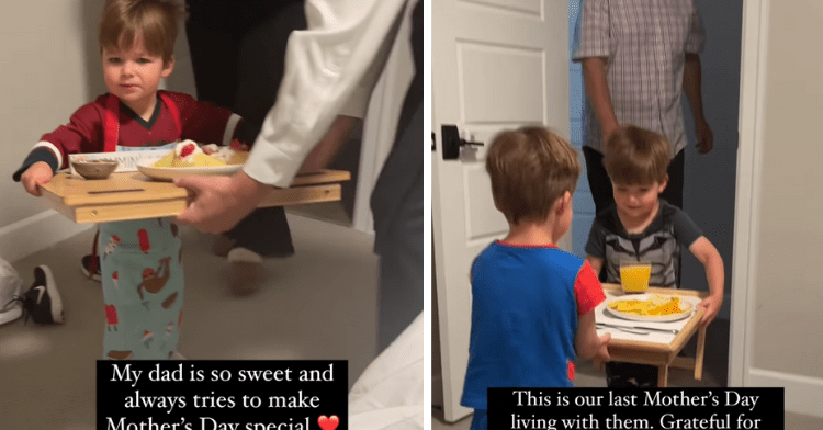 two photo collage of coco's dad and twins bringing her breakfast in bed.