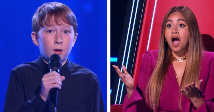 a two-photo collage. the first is of ethan hall singing on “the voice australia.” the second is of jessica mauboy who’s mouth is agape with shock.