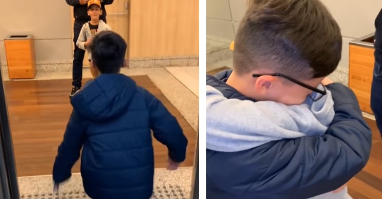 a two-photo collage. the first shows a little boy running out of an elevator toward his half-brother and a man who is standing behind him. the second is a closeup of those same two boys hugging.