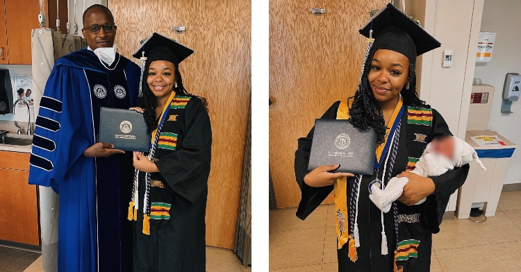 two-photo collage. jada and her university president on the left. on the right there is a picture of jada holding her degree on one hand and her son on the other.