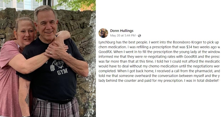 a two-photo collage. the first is of donn hullings smiling as a woman stands behind him with her arms wrapped around his shoulders. the second is of a post donn hullings made on facebook about a kind stranger at kroger paying for his medication.