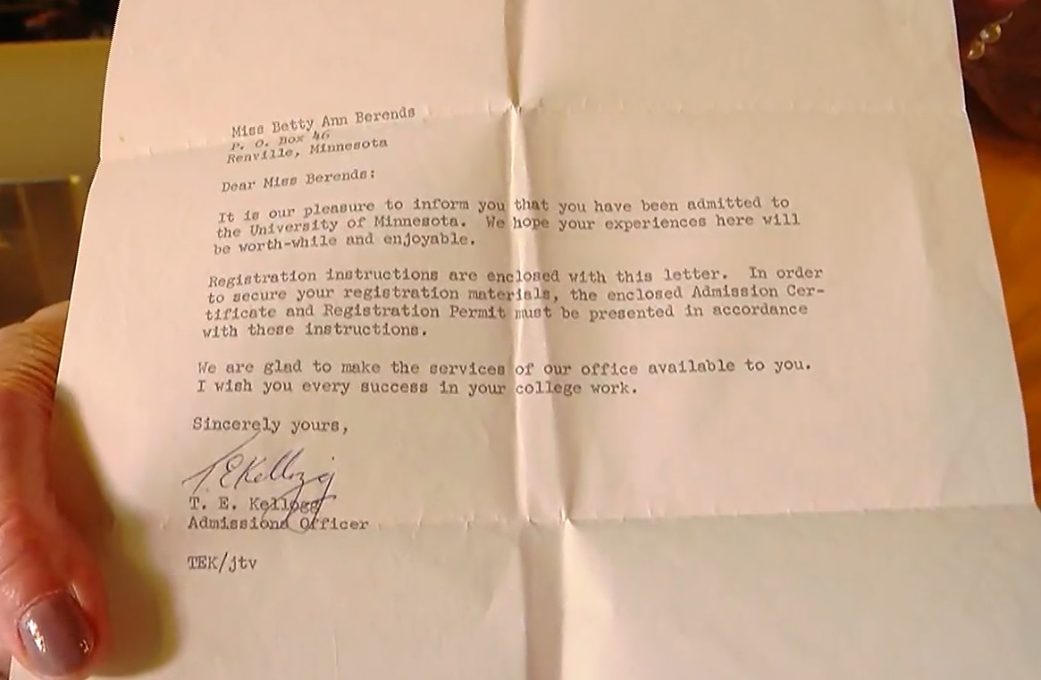 Betty Sandison's college acceptance letter from 1955