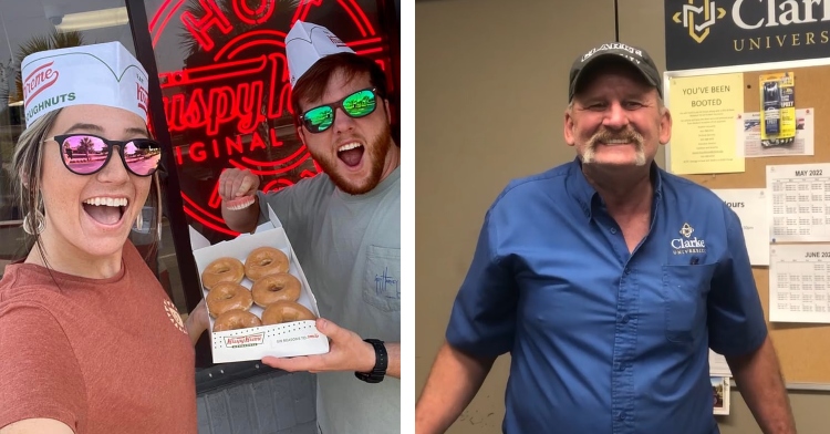 a two-photo collage. the first is of aaron and blaire welborn wearing sunglasses as they smile and pose with randy williams’ dentures and an open box of krispy kreme donuts. the second is of randy williams smiling after he got his dentures back and put them on.