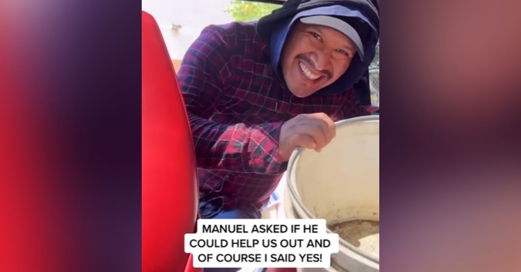a man named manuel smiling as he holds a bucket and gets into a vehicle.