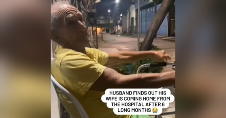 elderly man sitting on a chair on his front porch as he looks down the road. the image is captioned with “husband finds out his wife is coming home from the hospital after 6 long months.”