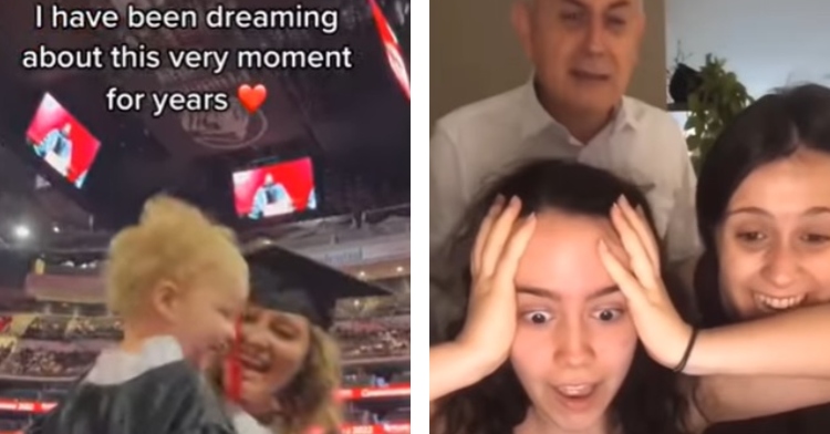 two-photo collage. on the left there is a picture of a mother receiving her journalism diploma with her toddler in her arms. on the right there is a picture of a family finding out their daughter was accepted to college.