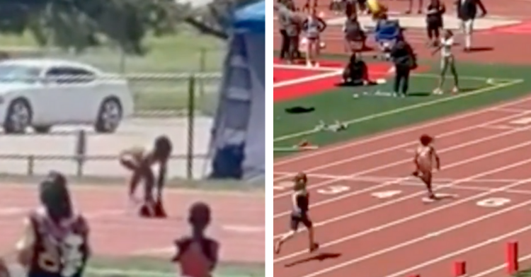 two picture collage of lay lay losing her shoe and then winning the race