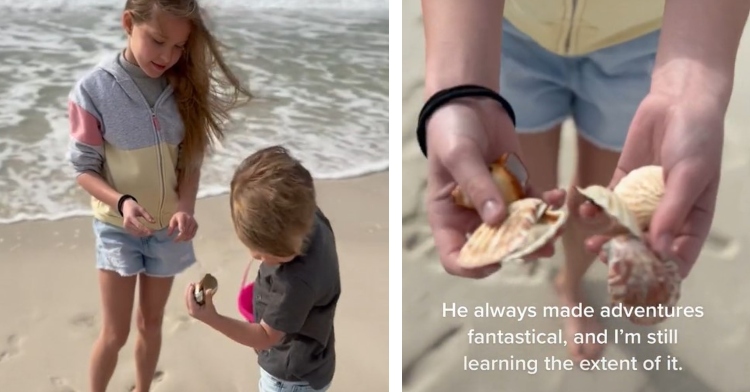 a two-photo collage. the first is of 10-year-old anastasia and 5-year-old maxwell holding seashells as they stand on a beach. the second is a closeup of anastasia holding several seashells. the image is captioned with “he always made adventures fantastical, and I’m still learning the extent of it.”