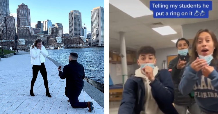 a two-photo collage. the first is of elise makowski covering her mouth as her fiance, josh silvio, is on one knee proposing. they are outside with a cityscape behind them and a river next to them. the second is of elise makowski's students reacting to her revealing she's engaged.
