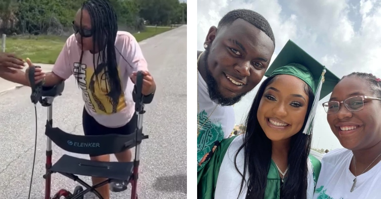 a two-photo collage. the first is of khalia carter wearing sunglasses as she tries walking with a walker. the second is of khalia carter smiling in her graduation cap and gown as she stands with her mom and another family member.