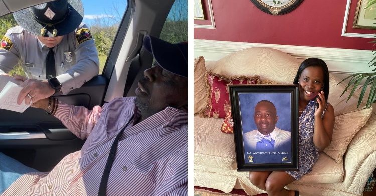 two-photo collage. on the left there is a picture of officer doty holding tony's hand to pray and on the right there is a picture of ashlye holding a picture of her late father tony.