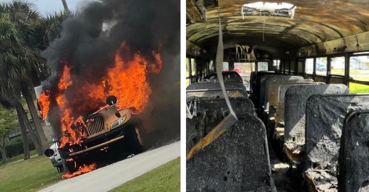two-photo collage. on the left there is a picture of the burning school bus. on the right there is a picture of the school bus charred remains.