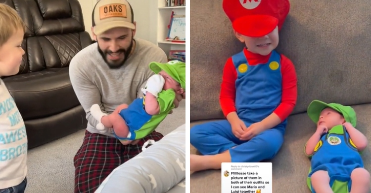 two-photo collage. on the left, micah is meeting his newborn sibling. on the right micah is wearing his mario costume right next to his brother theo wearing his luigi costume.