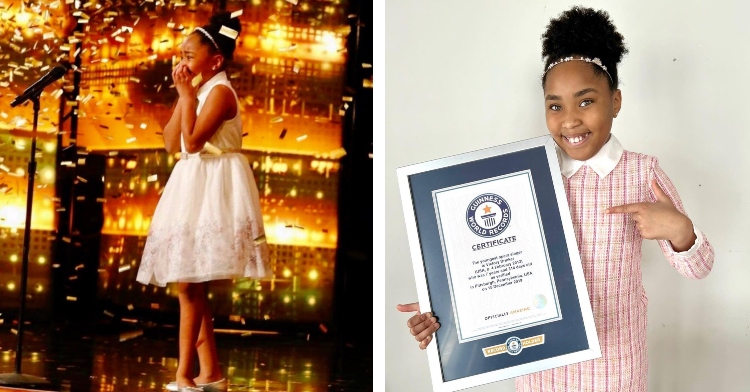 two-photo collage. on the left there is victory brinker excited on stage at america's got talent. and on the right there is victory showing a certificate of her world record.