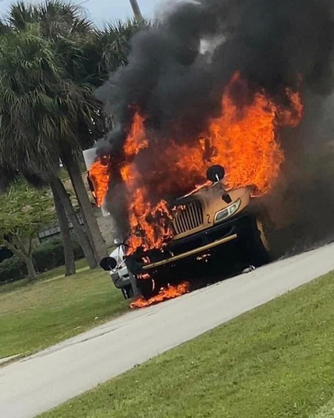 school bus in flames
