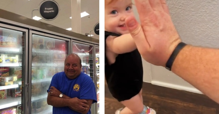 a two-photo collage. the first is of a hispanic dad pretending to be cold while standing in the frozen section of a store under a sign that reads "frozen hispanic." the second is of a one-year-old smiling as her dad, who is holding the camera, gives her a high-five.
